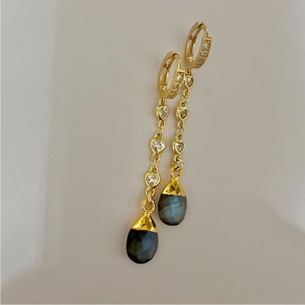 Labradorite genuine gemstone earrings on gold huggie hoops
